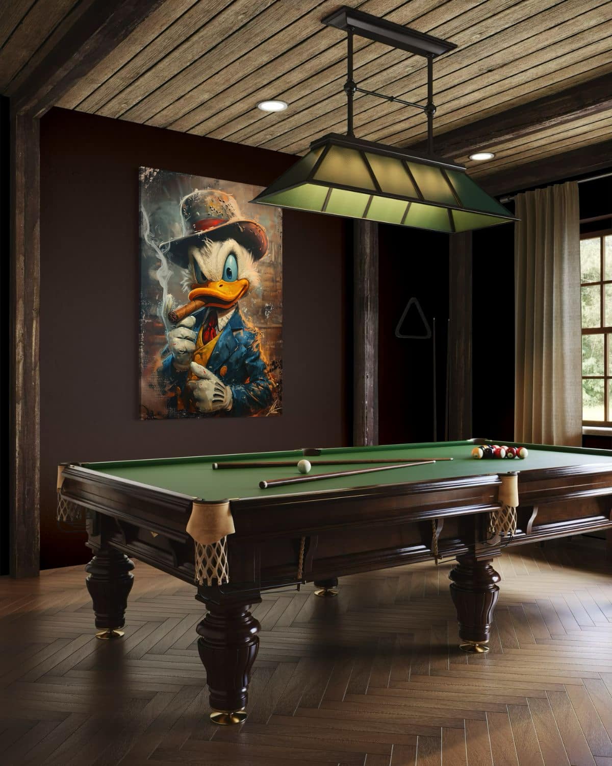 donald duck schilderij met sigaar in een biljartkamer op canvas