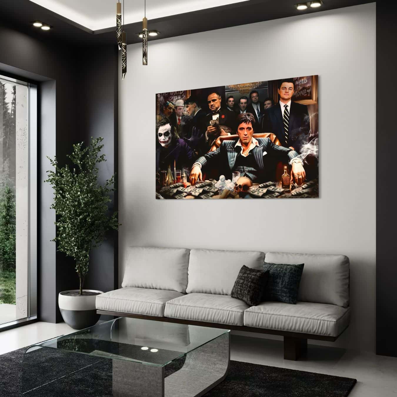 Modern interieur met canvas schilderij vol gangstericonen in donkere stijl.