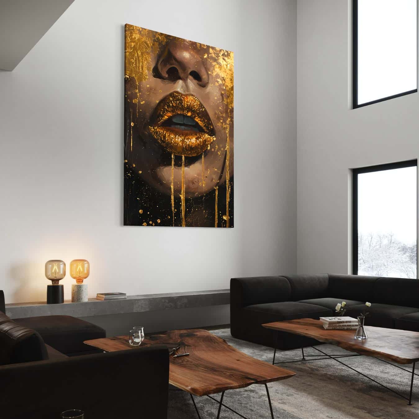 Gouden lippen schilderij op canvas als blikvanger in interieur.