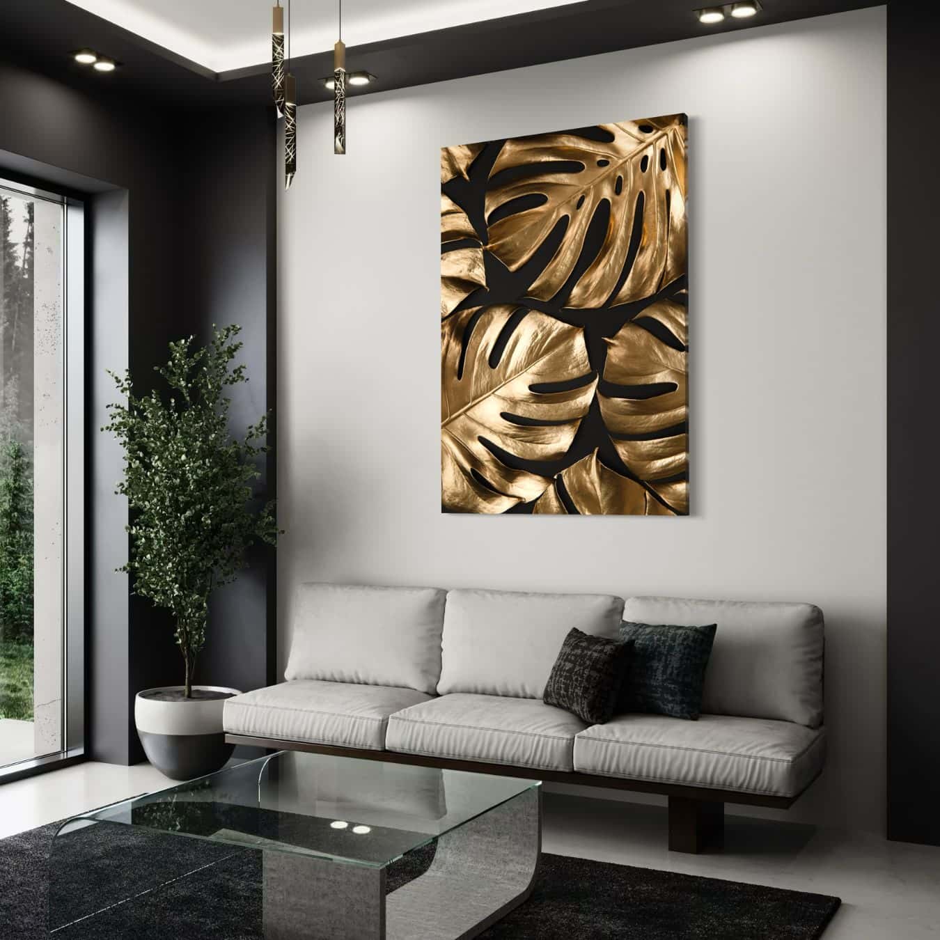 canvas schilderij van gouden monstera bladeren in woonkamer