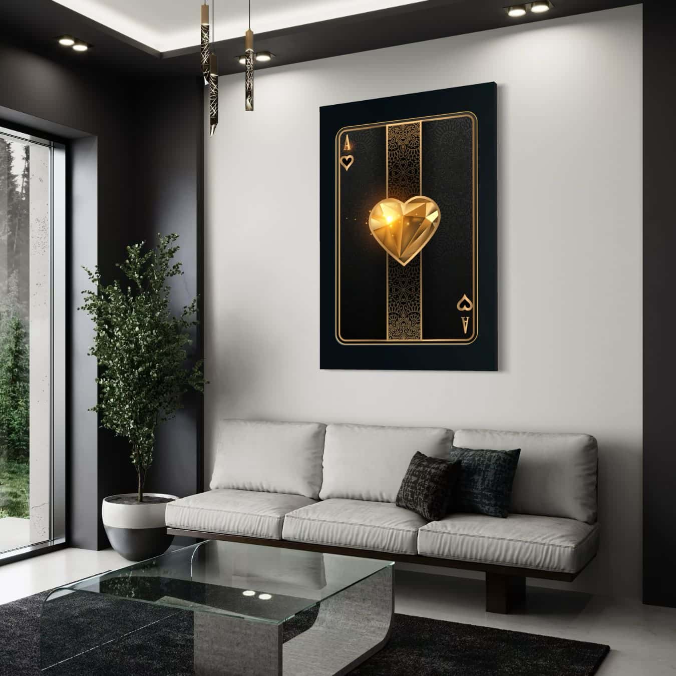 Canvas schilderij van harten aas kaart in luxe woonkamer interieur.