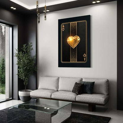 Canvas schilderij van harten aas kaart in luxe woonkamer interieur.