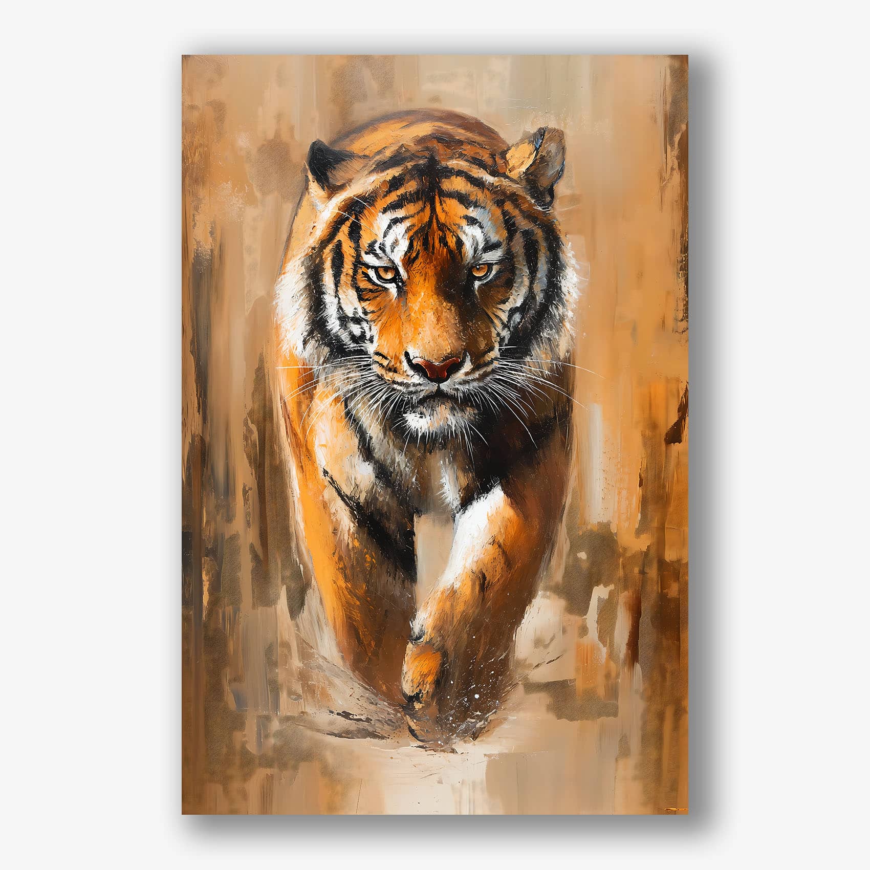 Schilderij van lopende tijger in oranje en bruin met abstracte textuur