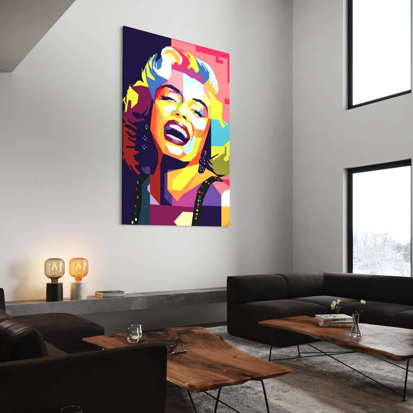 Dibond schilderij van Marilyn Monroe in ruime woonkamer setting.