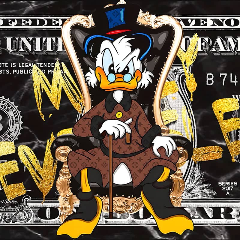 Schilderij met rijke cartoon eend op troon en tekst money never sleeps
