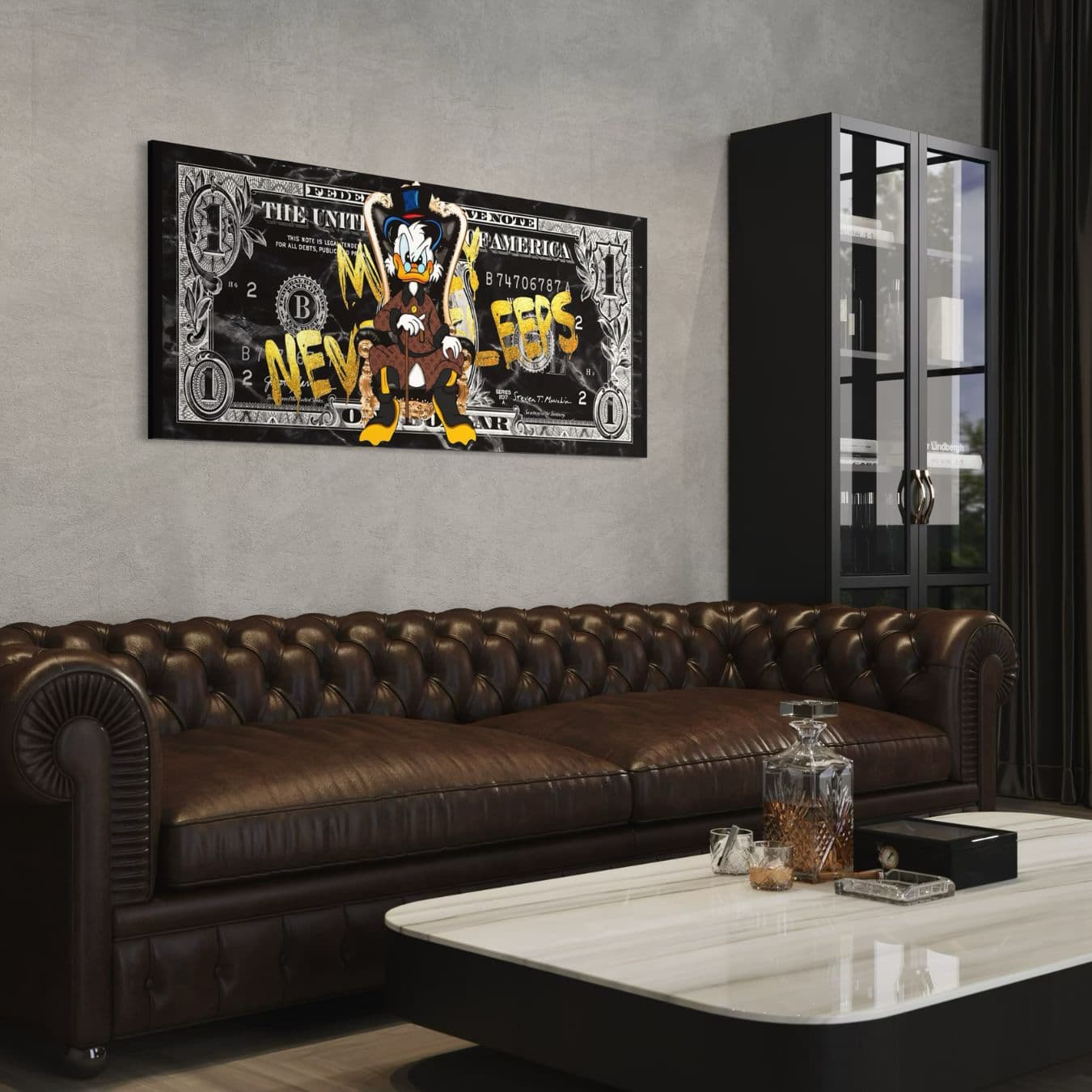 Canvas schilderij met quote money never sleeps boven leren bank interieur