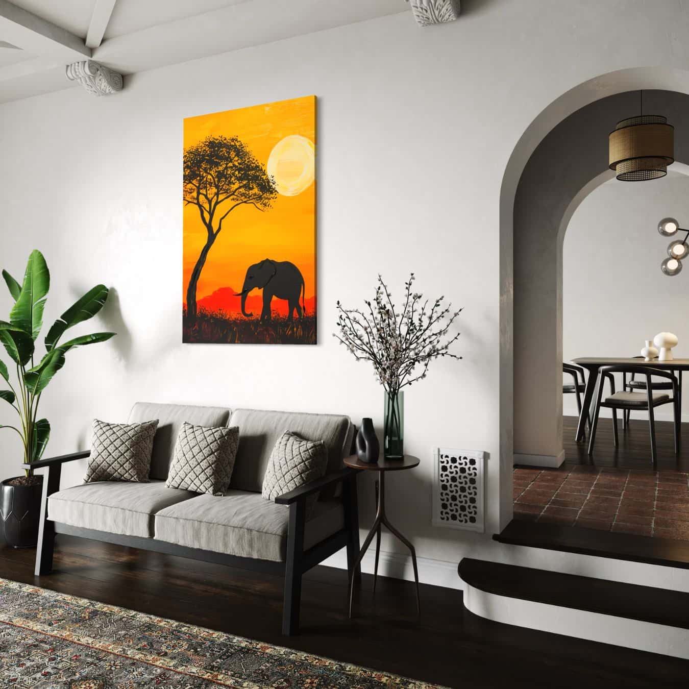 canvas schilderij van een olifant in savanne opgehangen aan een witte muur