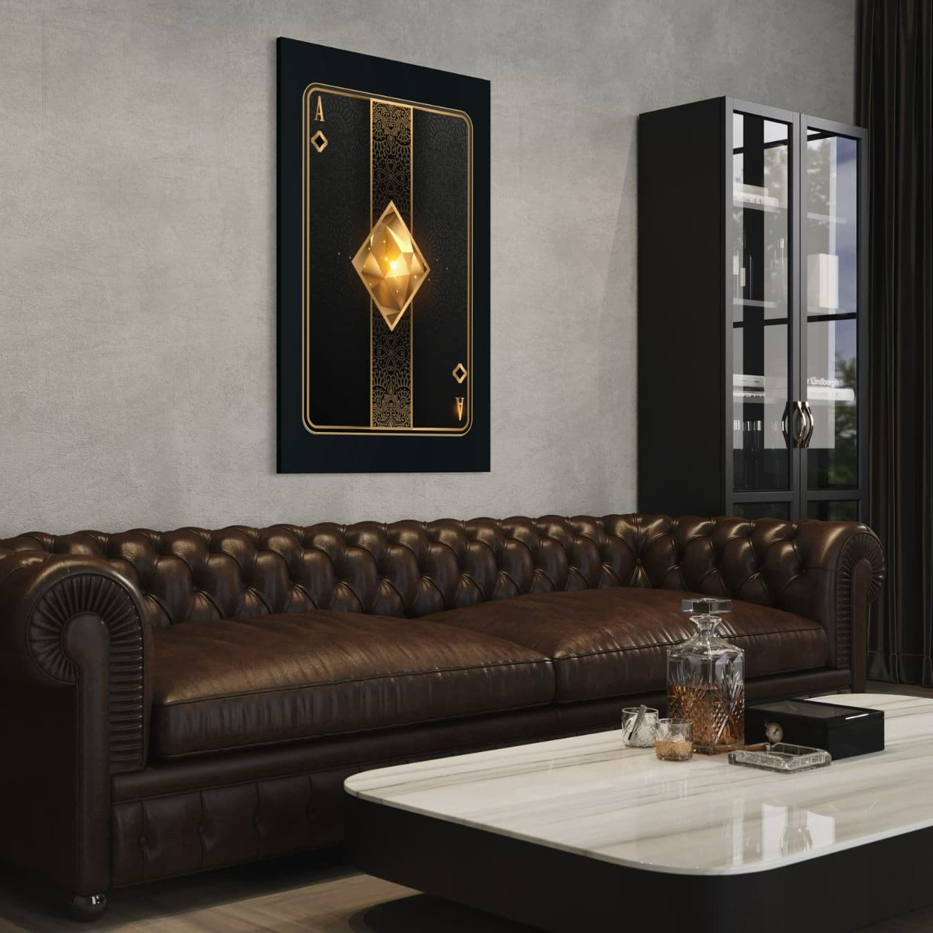 canvas schilderij van een gouden ruiten aas in een luxe woonkamer