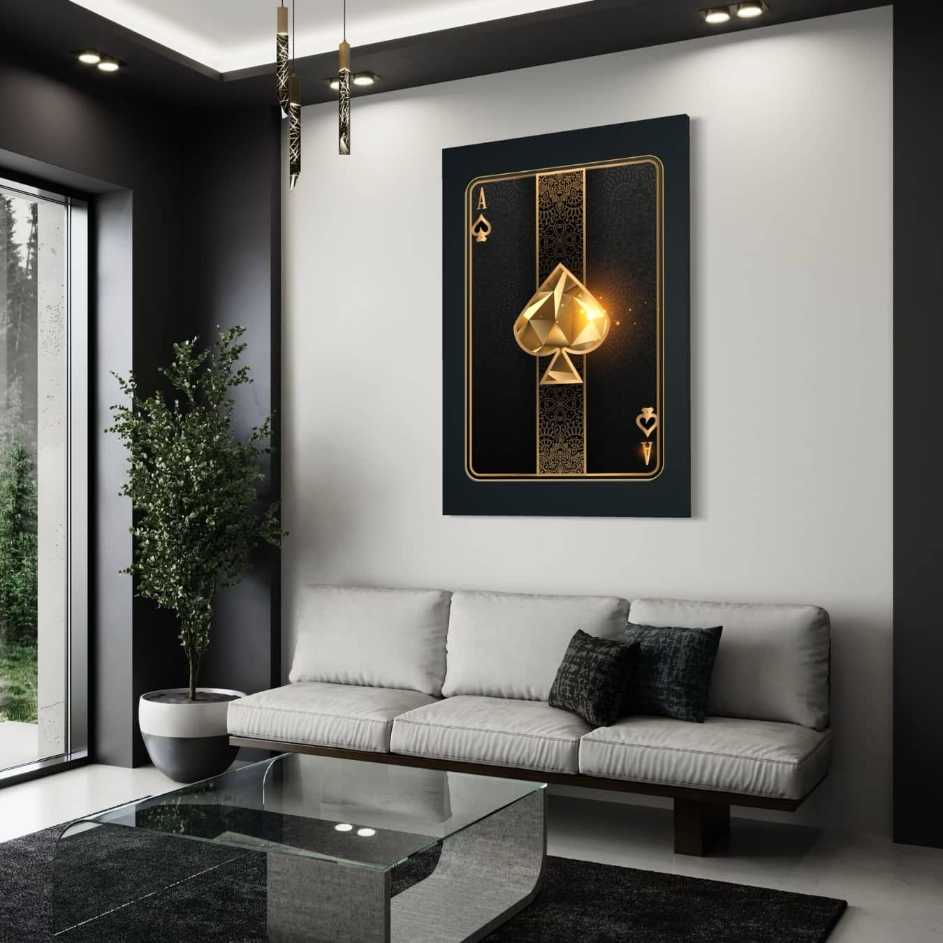 Schoppen aas kaart als modern canvas schilderij in licht interieur.