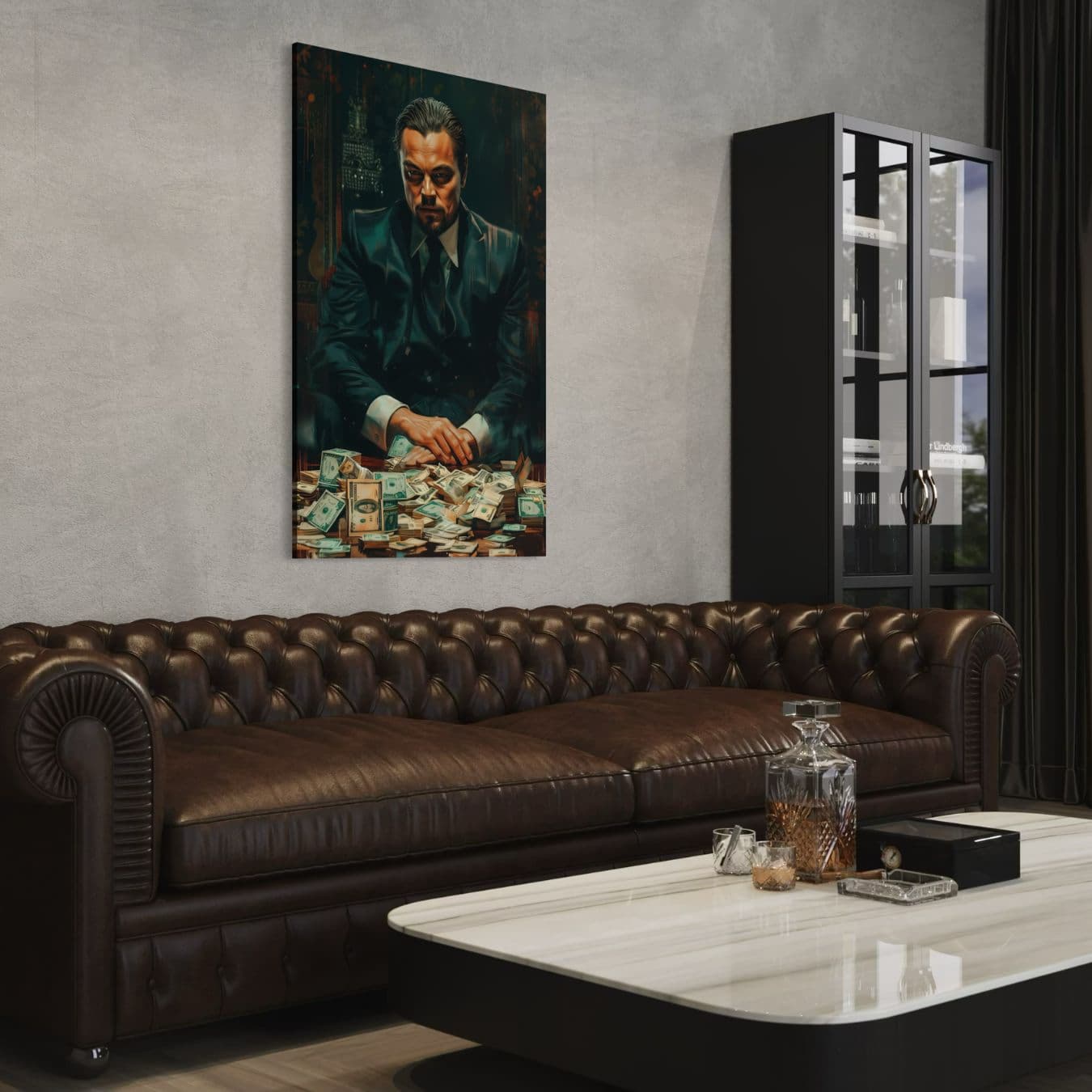 Canvas schilderij zakenman met geld in industrieel interieur met leer.