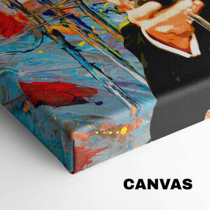 Zijkant van kleurrijk canvas schilderij met duidelijk doekstructuur.