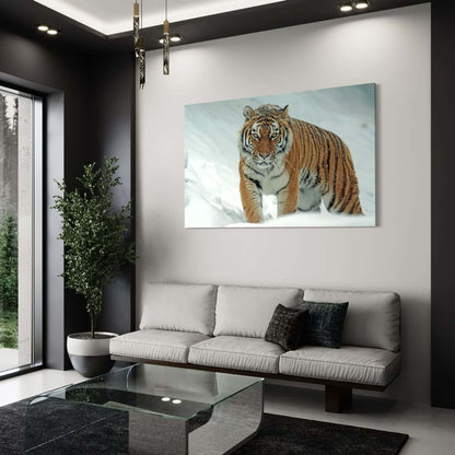 Tijger canvas schilderij in sneeuw, opgehangen aan een moderne woonkamerwand