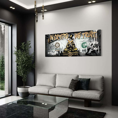 Wanddecoratie canvas schilderij met bitcoin in modern wit interieur