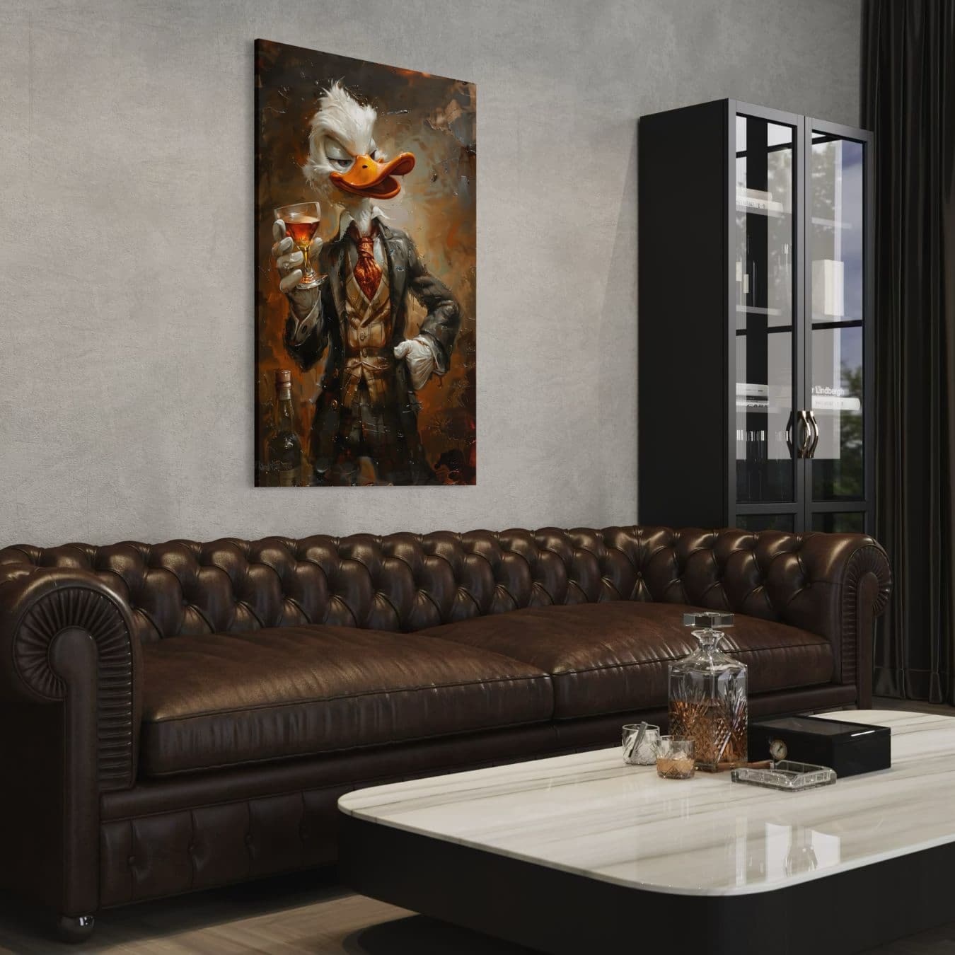 Canvas wanddecoratie met chique eend in industrieel interieur met leer.