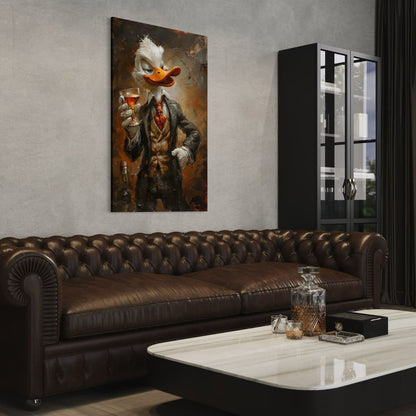 Canvas wanddecoratie met chique eend in industrieel interieur met leer.