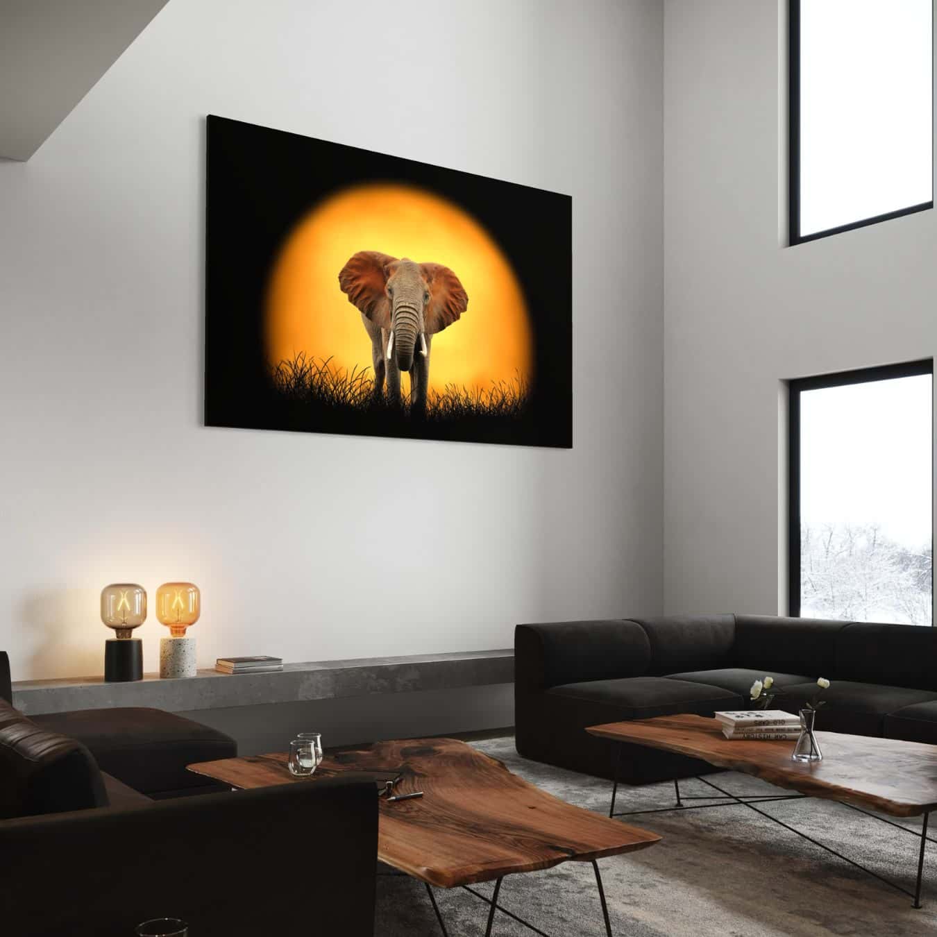 Groot schilderij van een olifant in het zonlicht opgehangen aan witte muur