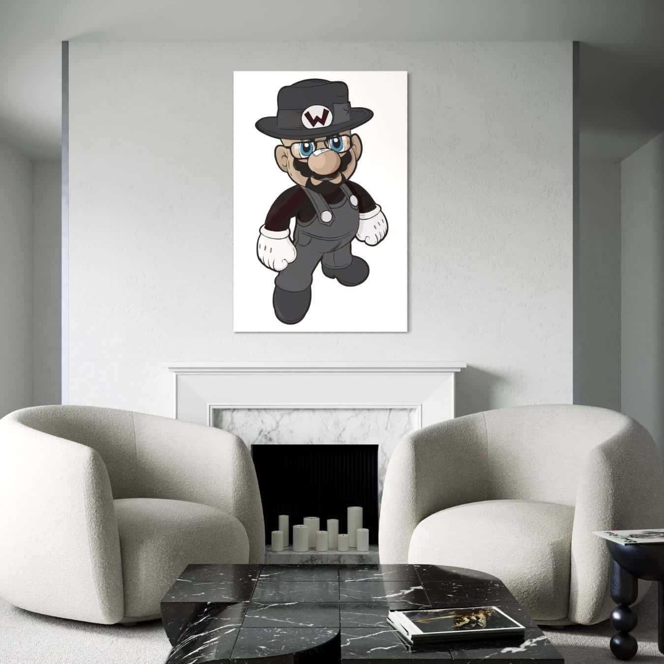 Grijs cartoonfiguur als wanddecoratie op plexiglas in strak interieur