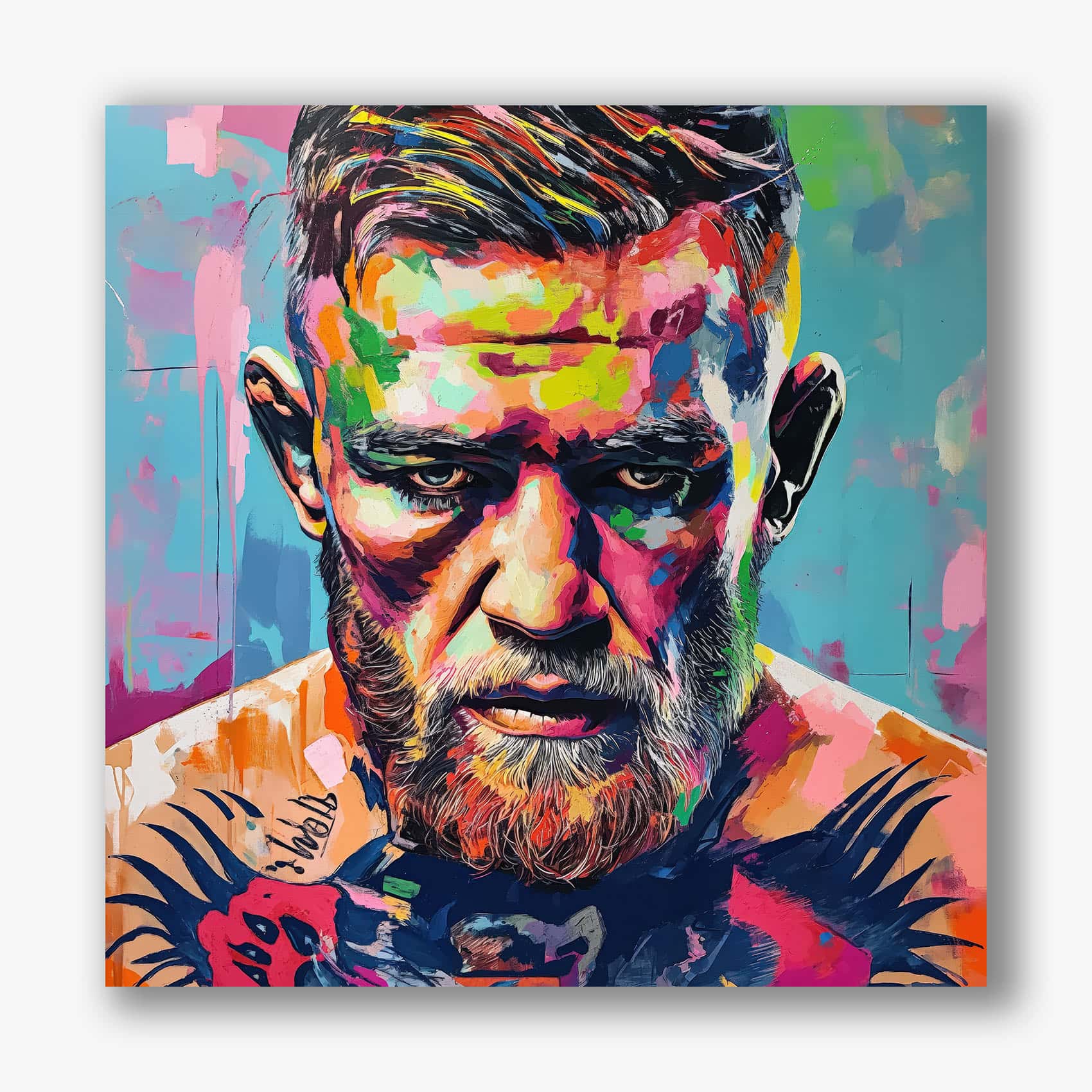 Kleurrijk canvas schilderij van Conor McGregor in popart stijl.