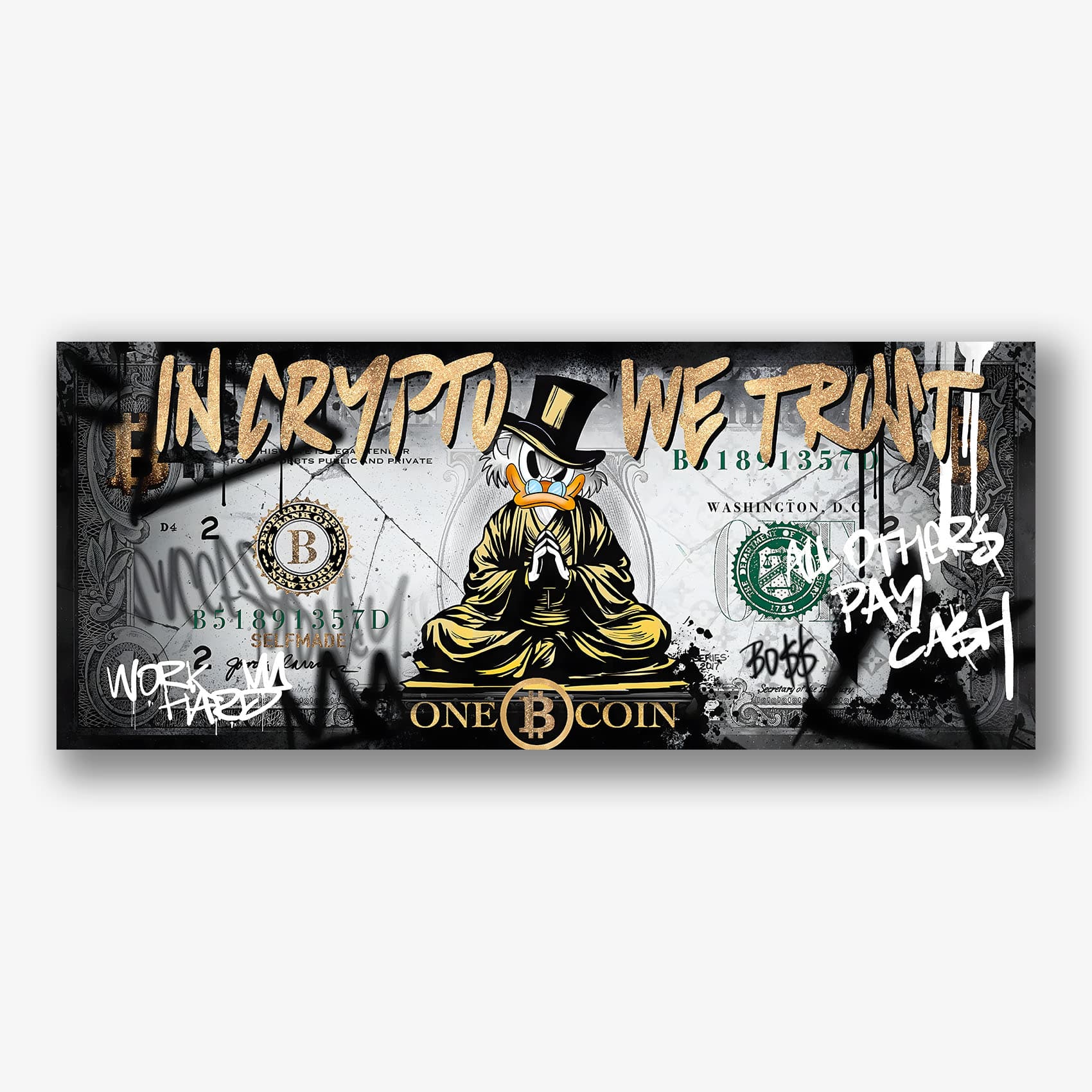 Plexiglas schilderij met bitcoin en crypto kunst als muurdecoratie