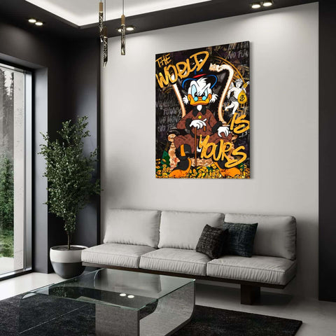 Canvas schilderij met Dagobert Duck en quote The World Is Yours