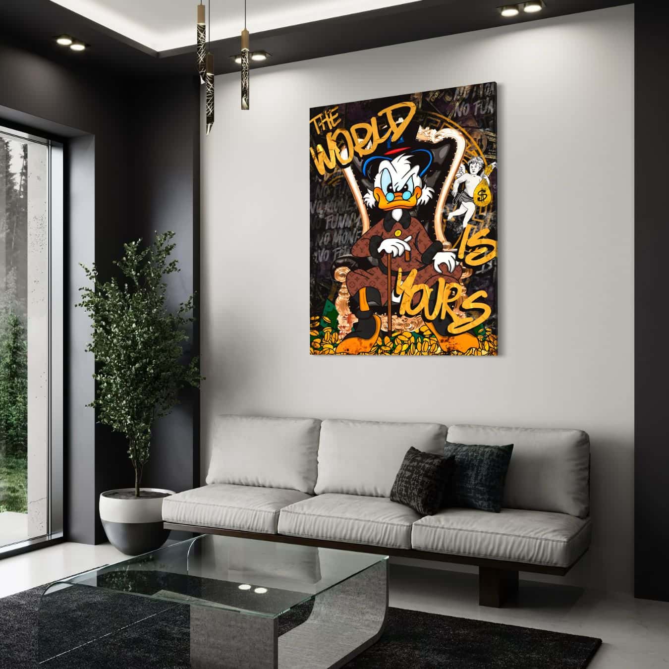 Canvas schilderij met Dagobert Duck en quote The World Is Yours