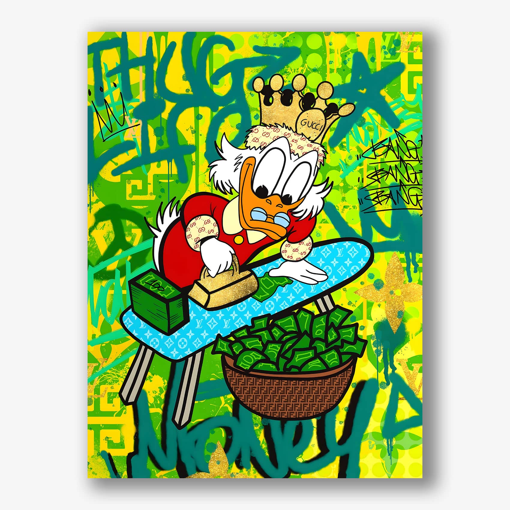 Kleurrijk graffiti schilderij van Scrooge Duck met geld en strijkijzer.
