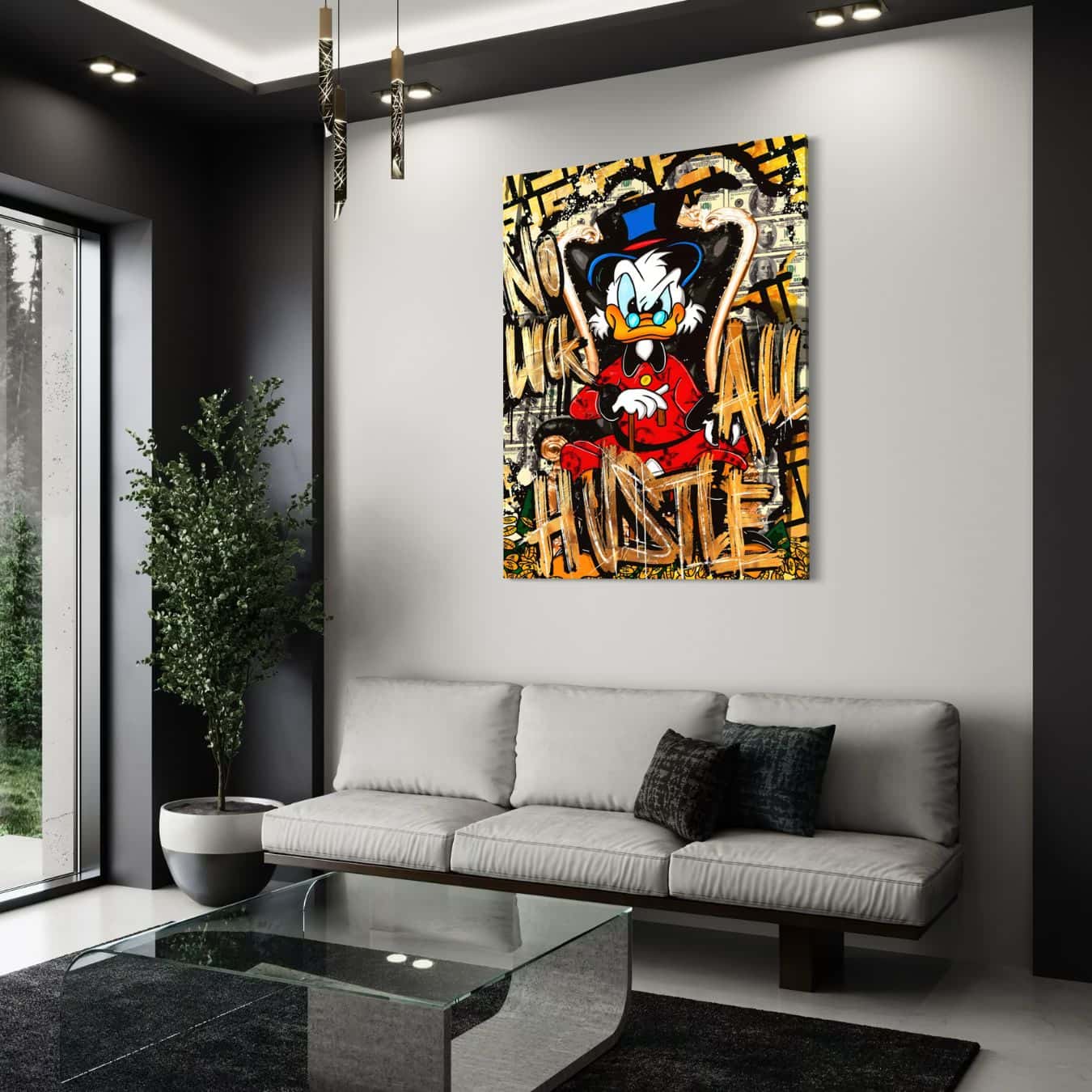 Canvas muurdecoratie met Dagobert Duck in rode outfit en geld