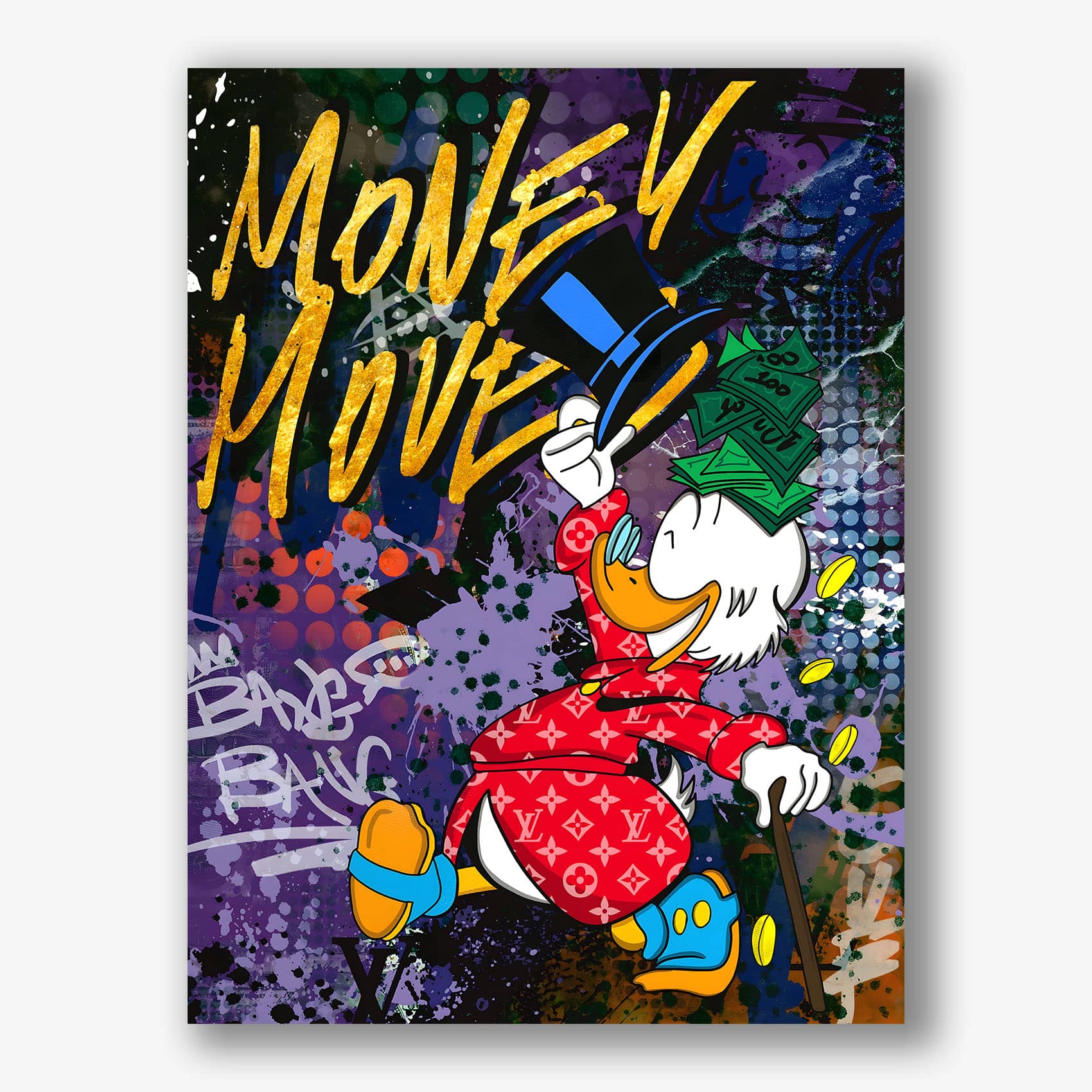 Graffiti stijl schilderij van Dagobert Duck met geld op canvas