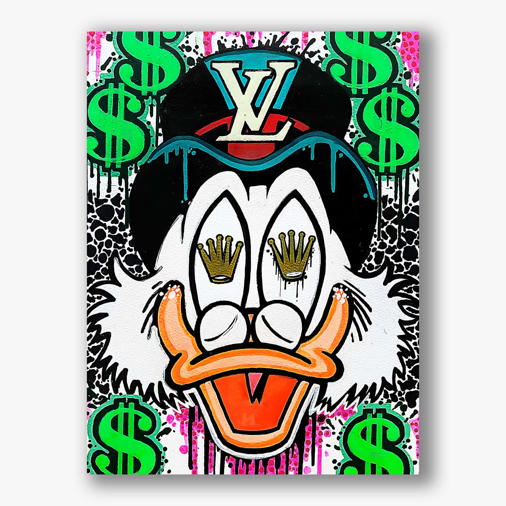 Kleurrijk popart schilderij op canvas met Dagobert Duck design.