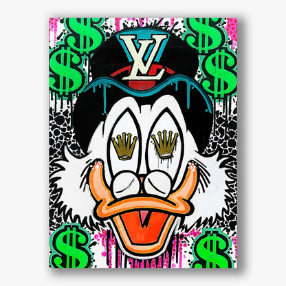 Kleurrijk popart schilderij op canvas met Dagobert Duck design.