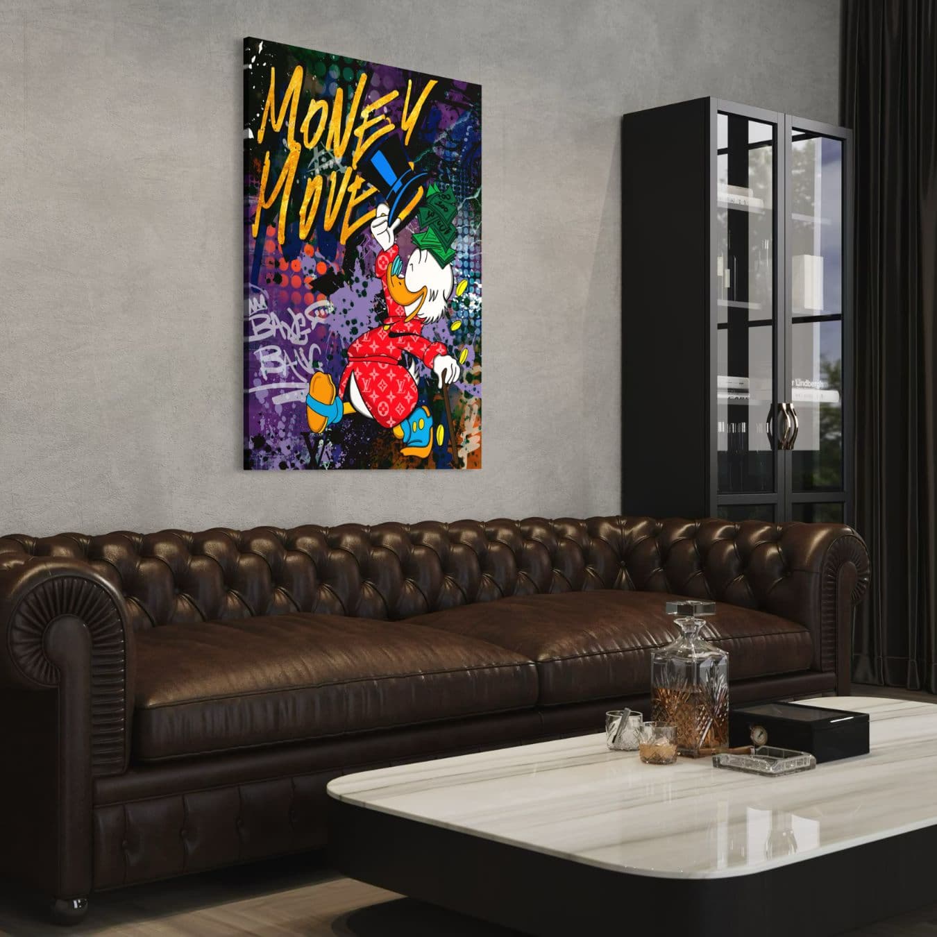 Popart muurdecoratie met Dagobert Duck in luxe rode outfit