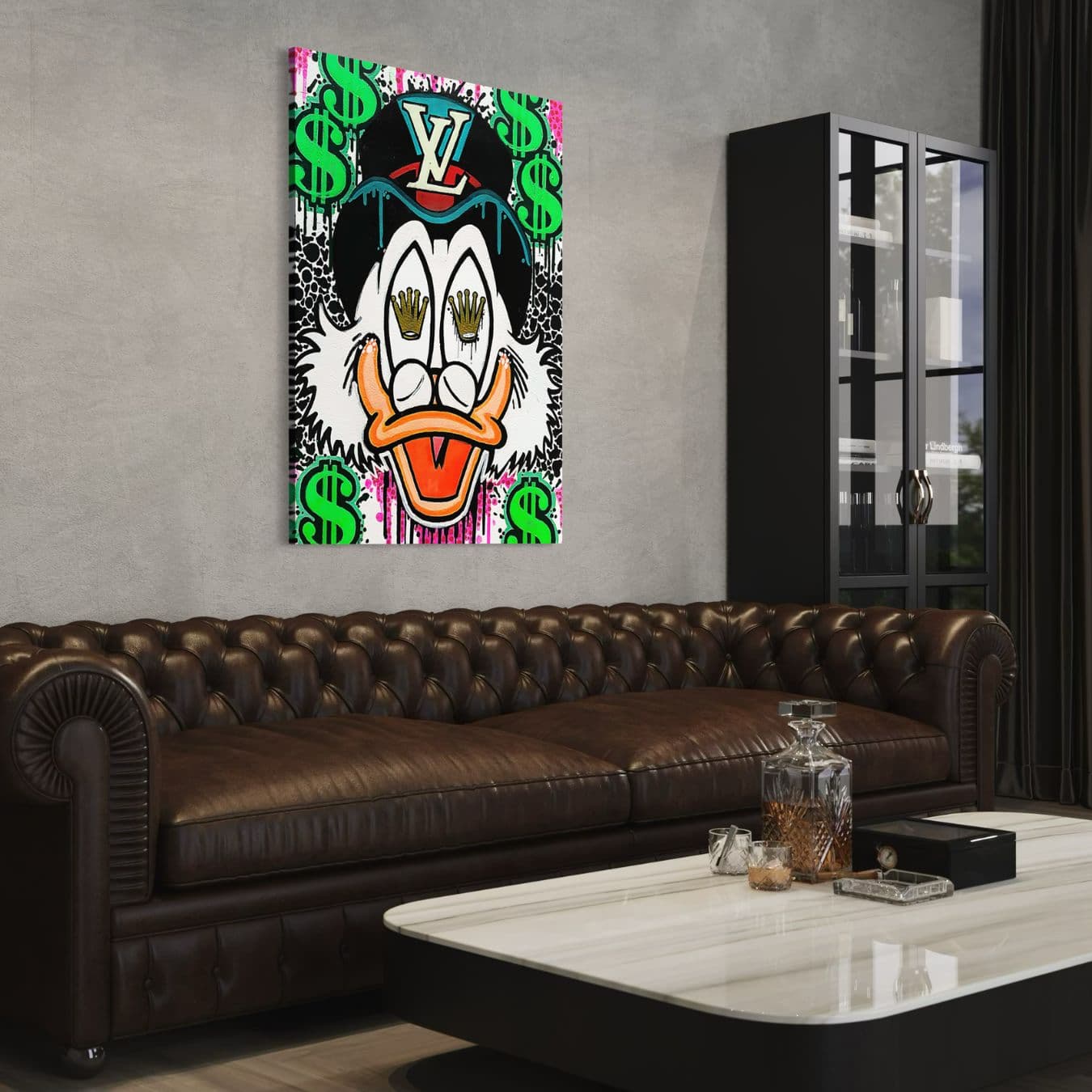 Dagobert Duck kunst op dibond boven luxe leren bank.