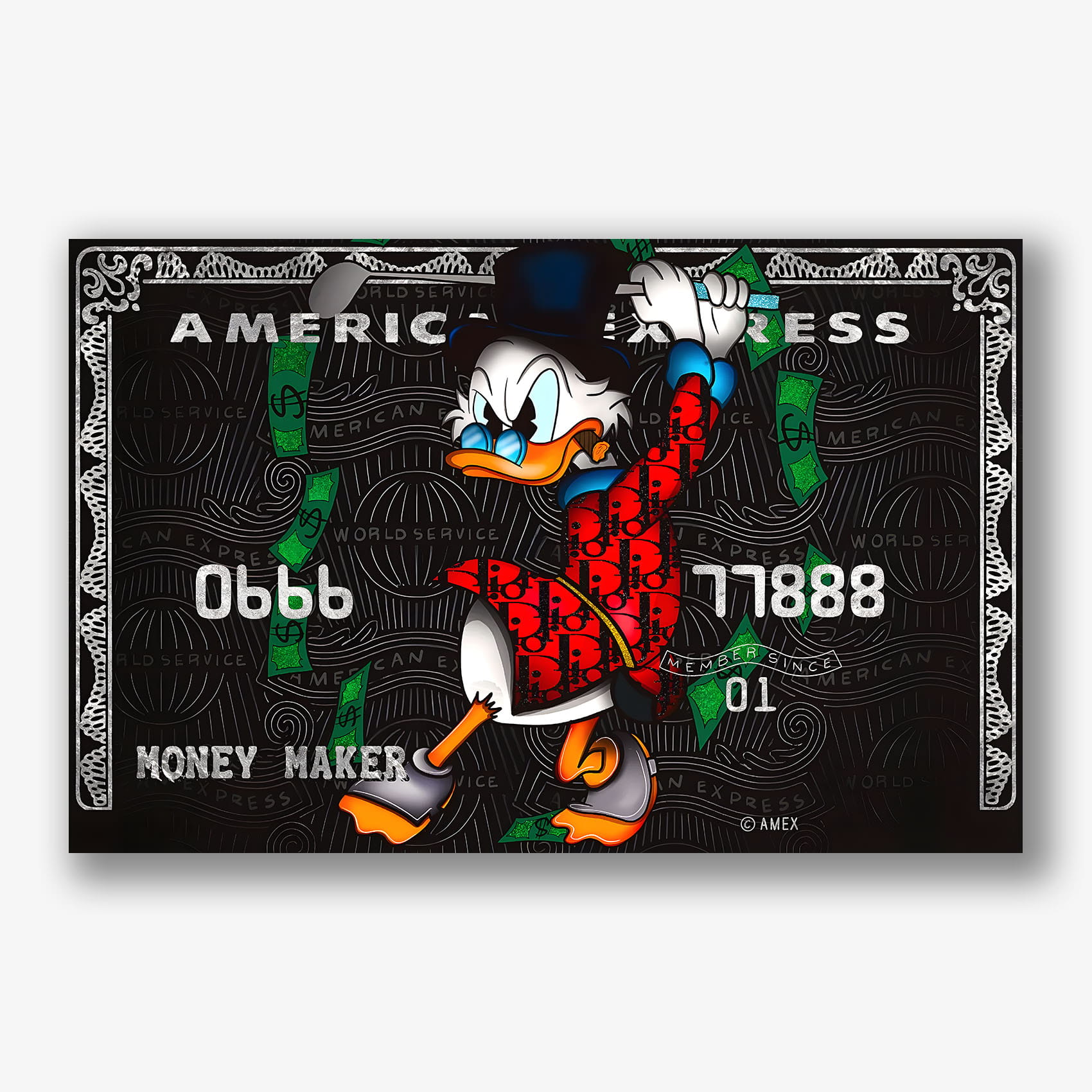 Dibond schilderij met Dagobert Duck en geld in actie.