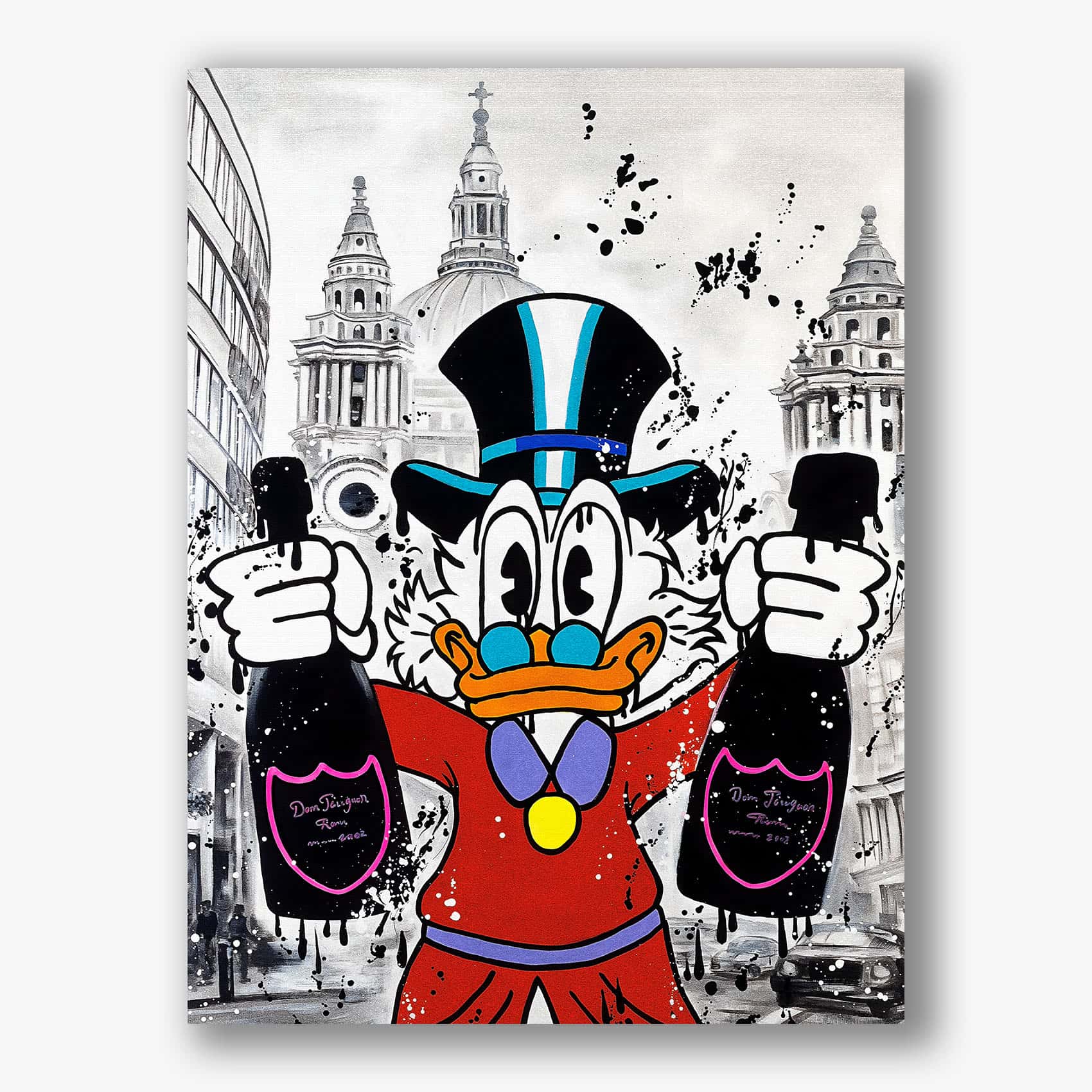 plexiglas schilderij met Dagobert Duck en champagneflessen Dom Pérignon.