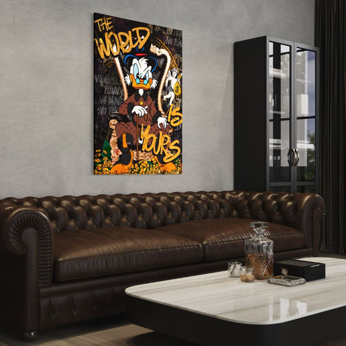 Stoere popart wanddecoratie van Dagobert op troon met geld