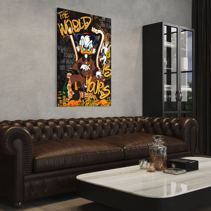 Stoere popart wanddecoratie van Dagobert op troon met geld