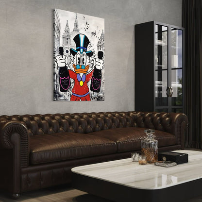 Cartoon schilderij met Dom Pérignon boven leren bank.