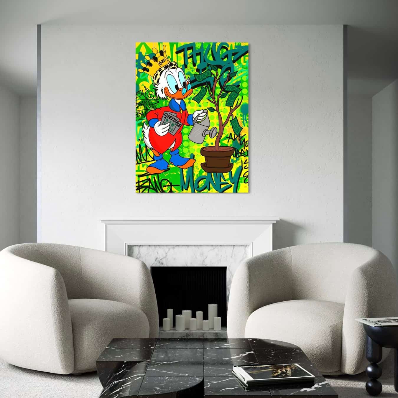 Canvas kunstwerk van Dagobert Duck die geldplant water geeft