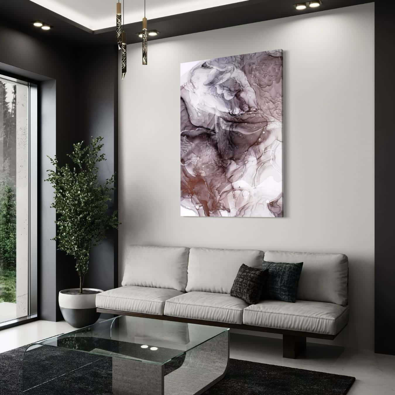 abstract dibond schilderij in witte woonkamer