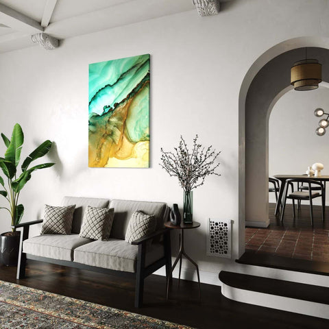 dibond abstract marmer schilderij in witte woonkamer met kamerplant