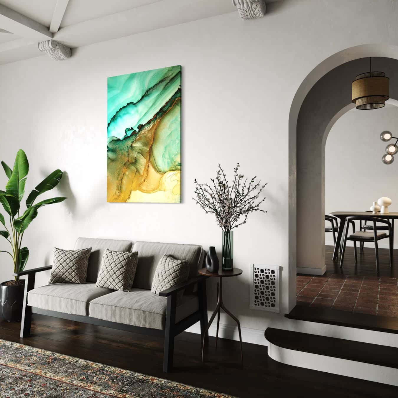 dibond abstract marmer schilderij in witte woonkamer met kamerplant