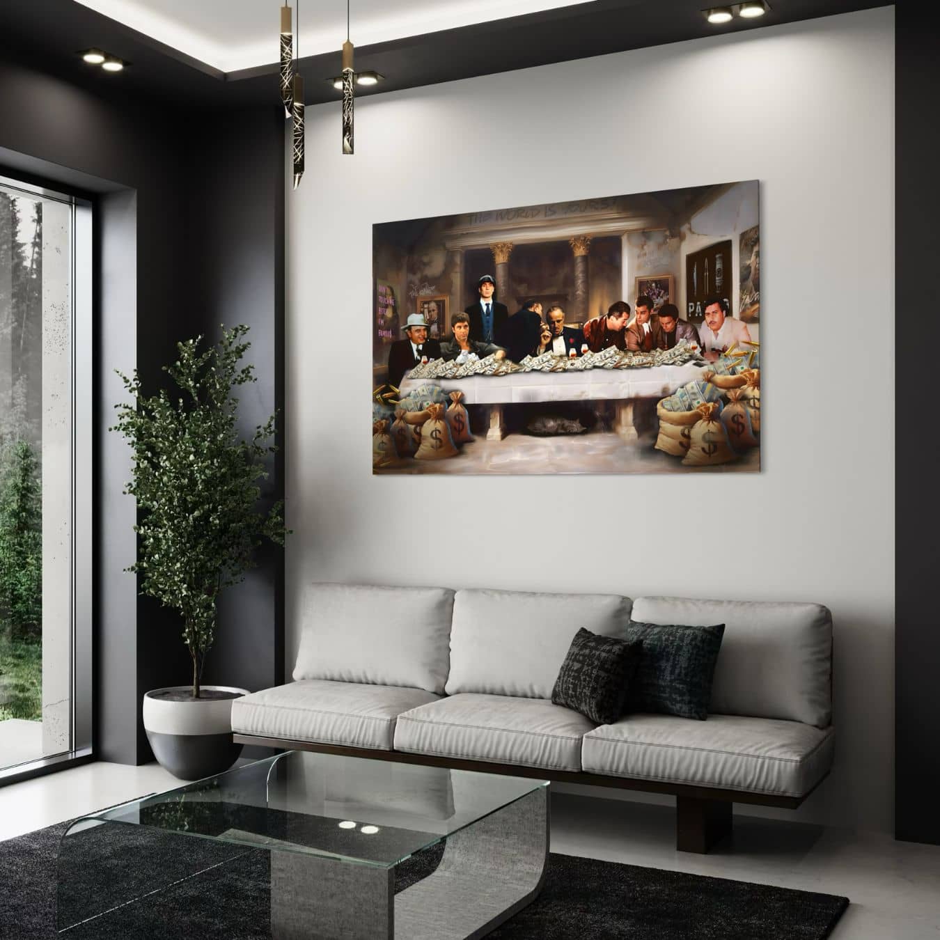 Wanddecoratie met maffiafiguren op plexiglas in chic interieur