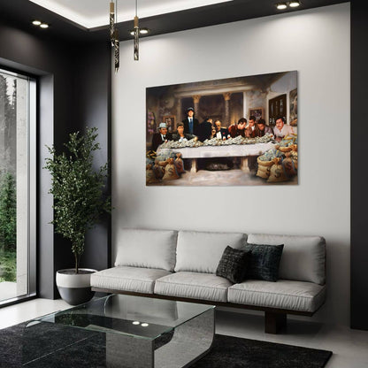 Wanddecoratie met maffiafiguren op plexiglas in chic interieur