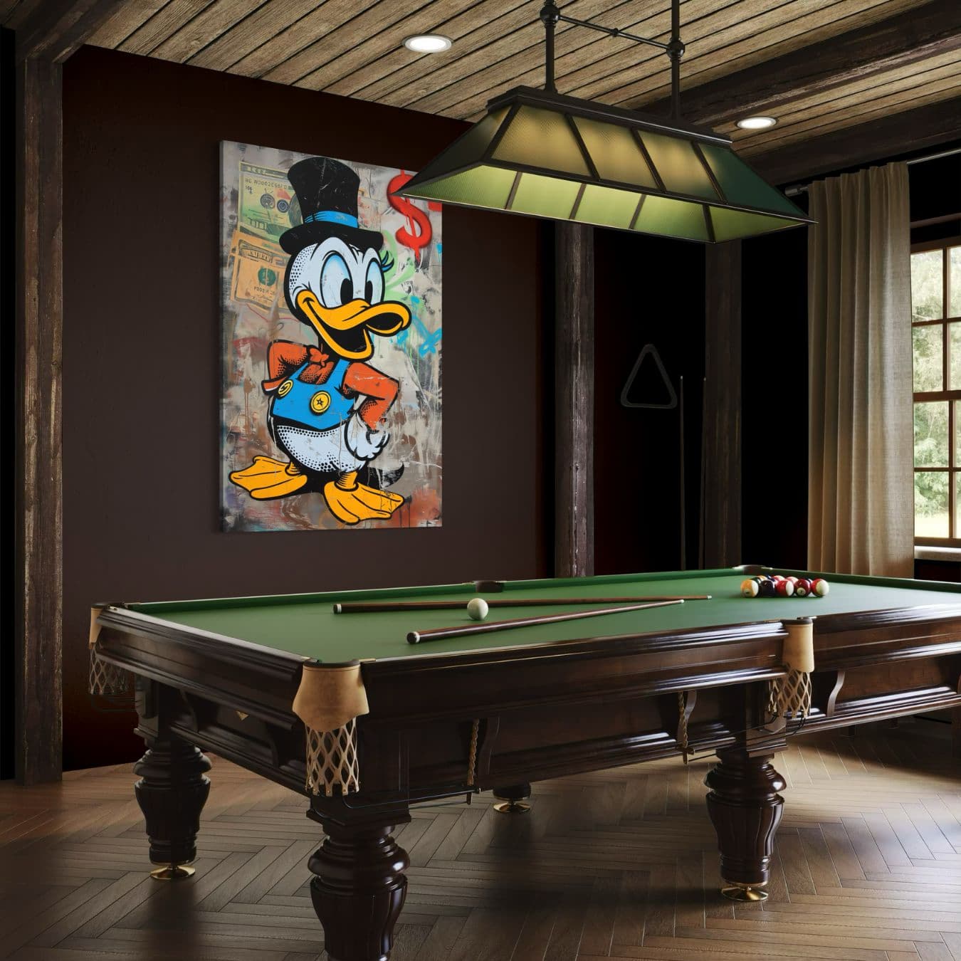 Dibond schilderij graffiti eend in stijlvolle kamer met biljarttafel.