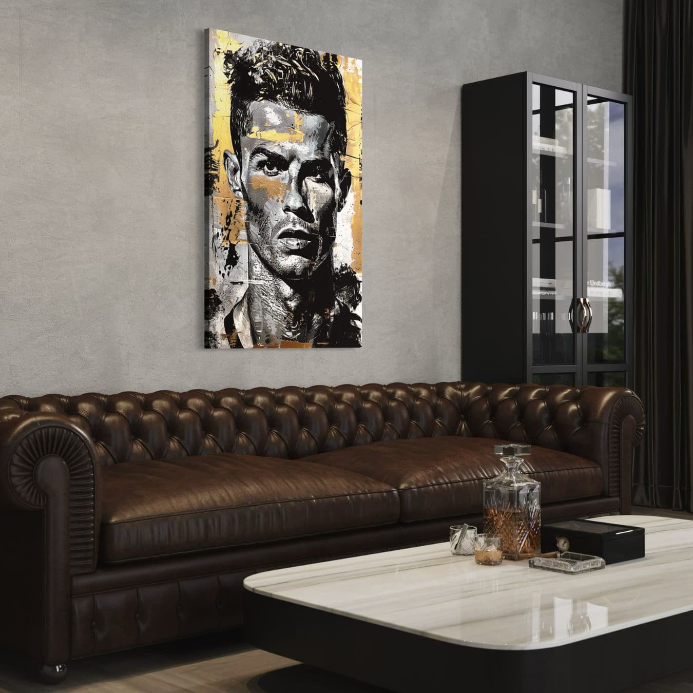 Wanddecoratie op dibond van Ronaldo in stoer industrieel interieur.
