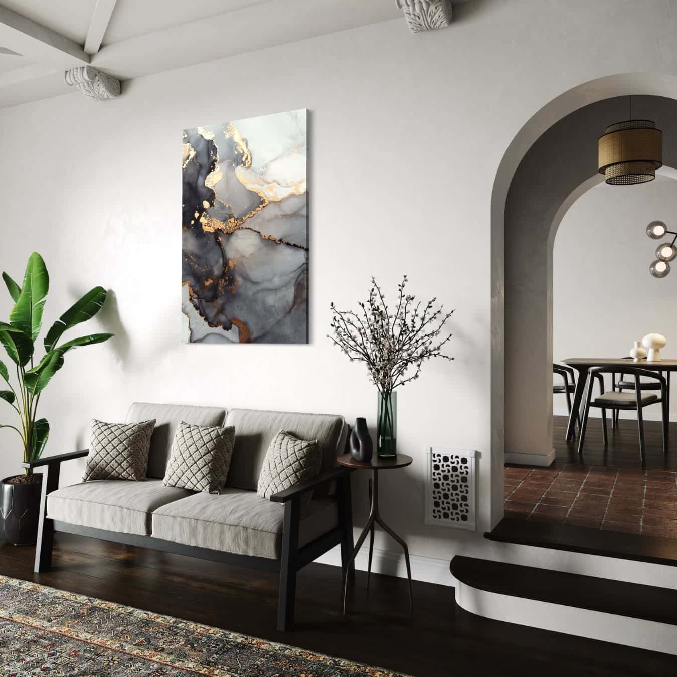 abstract dibond schilderij in witte woonkamer met kamerplant
