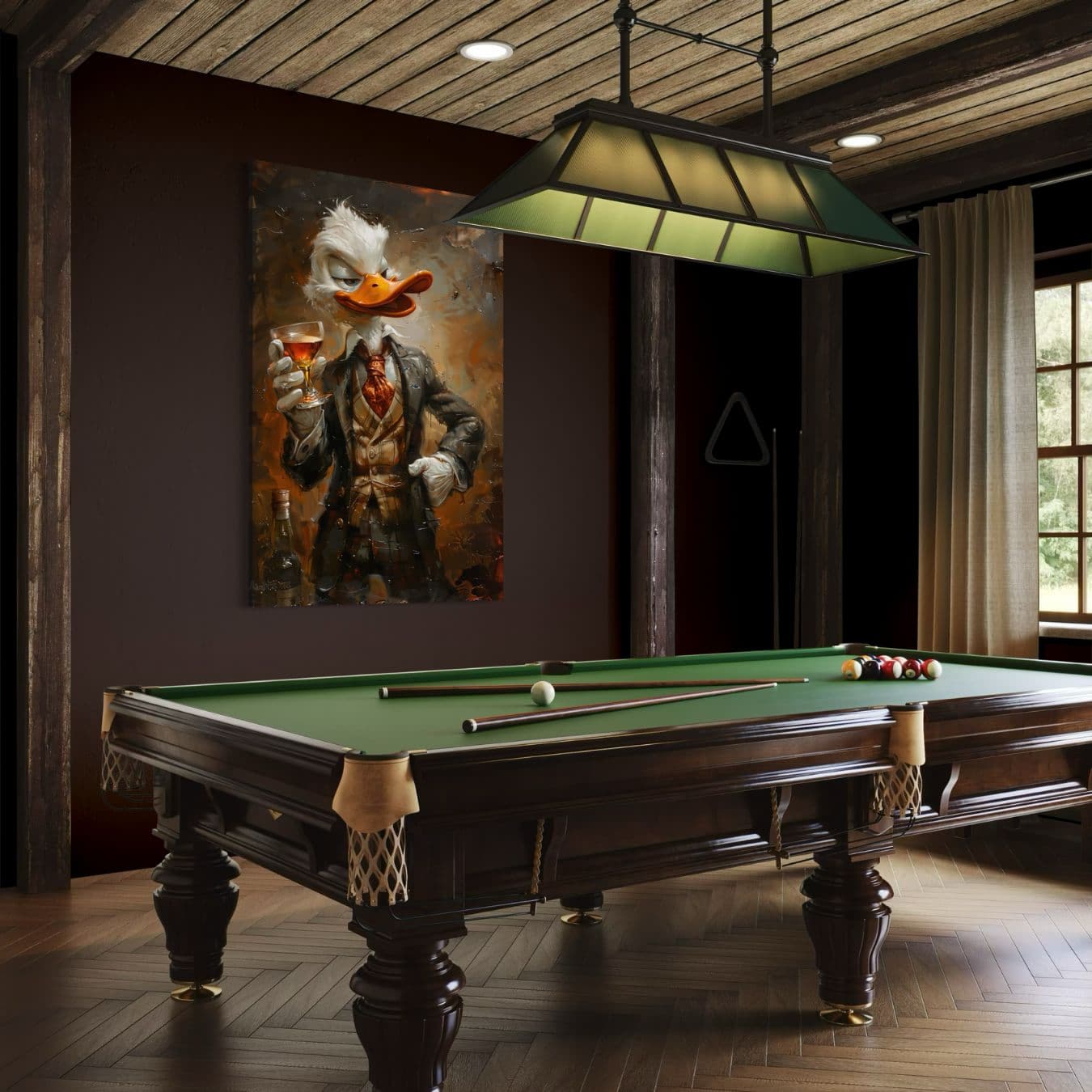 Dibond schilderij stijlvolle eend met whisky in klassieke biljartkamer.