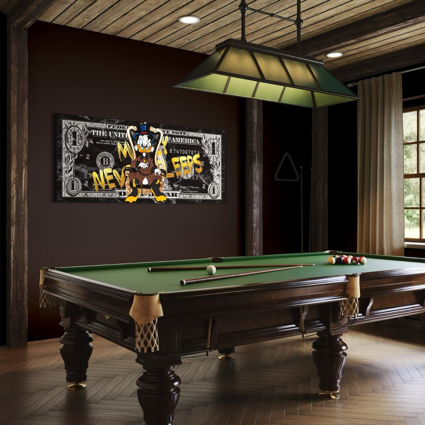 Dibond schilderij met cartoon eend en dollar quote in biljartkamer setting