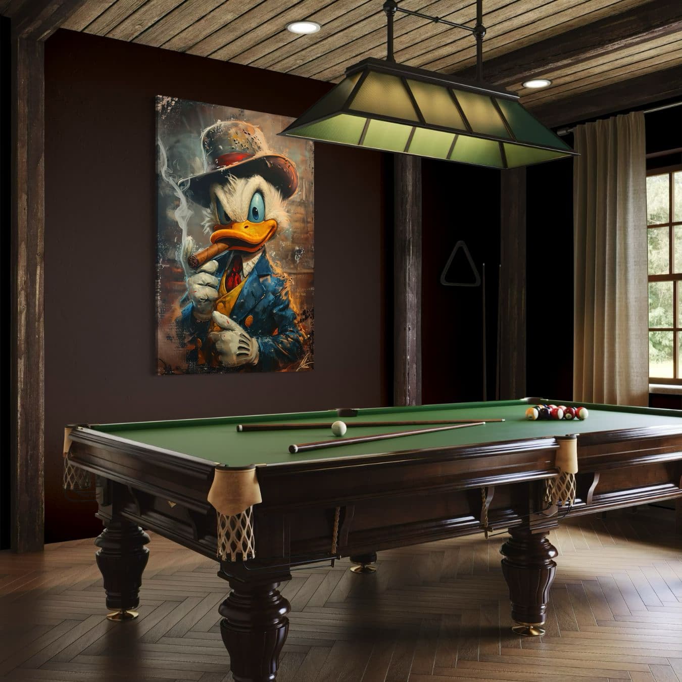 Stoer dibond schilderij gangster eend in man cave met pooltafel.