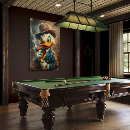 Stoer dibond schilderij gangster eend in man cave met pooltafel.
